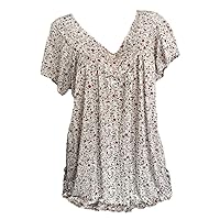 HAYKMTRU V-Neck Shirts for Women Casual Vintage Short Sleeve Button Up Flowy T-Shirts Plus Size Floral Printed Tunic Tops
