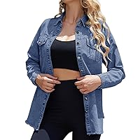 Women's Oversized Jean Jacket Casual Frayed Hem Denim Jacket Long Sleeve Pockets Shacket