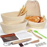 Set of 3 Lokeisna Bread Proofing Basket, 9/10/11 Inch Plastic Rattan Oval Sourdough Proofing Basket and Bread Baking Supplies-Bread Lame, Danish Whisk, Bowl & Dough Scraper
