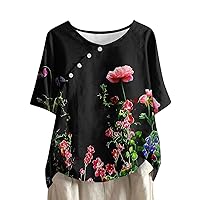 Plus Size Tops for Women Button Linen Short Sleeve Scoop Neck Tunics Oversize Graphic Floral Print Casual Summer Tops S-4XL