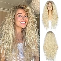SAPPHIREWIGS Blonde Curly Synthetic Lace Front Wigs Pre Plucked Long Deep Wavy Hair Glueless Heat Resistant Ombre #613 Blonde Lace Front Wigs for Fashion Women 26inch