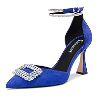 Castamere Women High Chunky Block Heel Diamond Crystal Ankle Strap Pointed Toe Pumps Cute 3.3 Inches Heels
