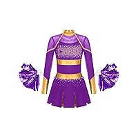 Kids Girls Shiny Rhinestone Long Sleeve Cheerleading Uniform Dance Dress Cosplay Party Outfits with Pom Pom Set