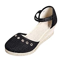 Womens Sandals Dressy Wedge Platform High Heels Linen Knitted Bottom Ankle Strap Buckle Summer Shoes Rhinestone Decoration