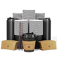 LITOPAK 100 Pack 10 oz Paper Coffee Cups, Drinking Cups for Hot Coffee Chocolate Drinks, Disposable Coffee Cups with Lids, Sleeves and Stirring Sticks, Black Hot Coffee Cups for Home and Cafes.