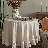 Retro Farmhouse Ruffle Round Tablecloth Cotton Flounces Trim Washable Table Cover White Tablecloths for Rectangle Table Baby Shower Kitchen Party Wedding Decor White, 70'' Round