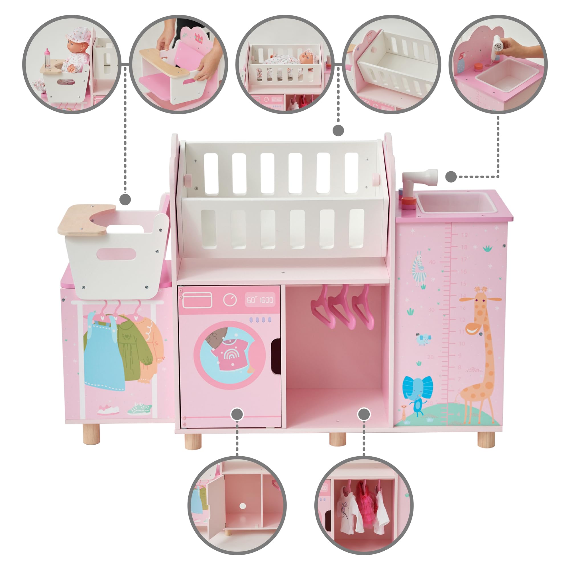 Olivia's Little World - Baby Doll Nursery Station Amanda Playset with Clothing Hangers, Detachable Highchair, Rocking Cradle, Washing Machine, Role Play Nursery Center with Storage, Baby Pink, Ages 3+