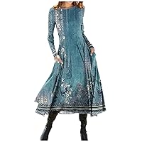 Maxi Dress for Women, Irregular Long Sleeve Plus Size Dresses Crew Neck Casual Flowy Outfits Pattern Printing Dress