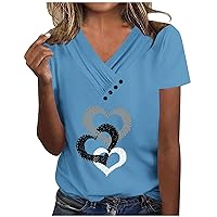 Prime Of Day Sales Ladies Tops Fashion Summer Blouses Heart Printing V Neck Shirts Cute Top Casual Comfy T-Shirt For Mother'S Day Textured Pattern Summer Tops