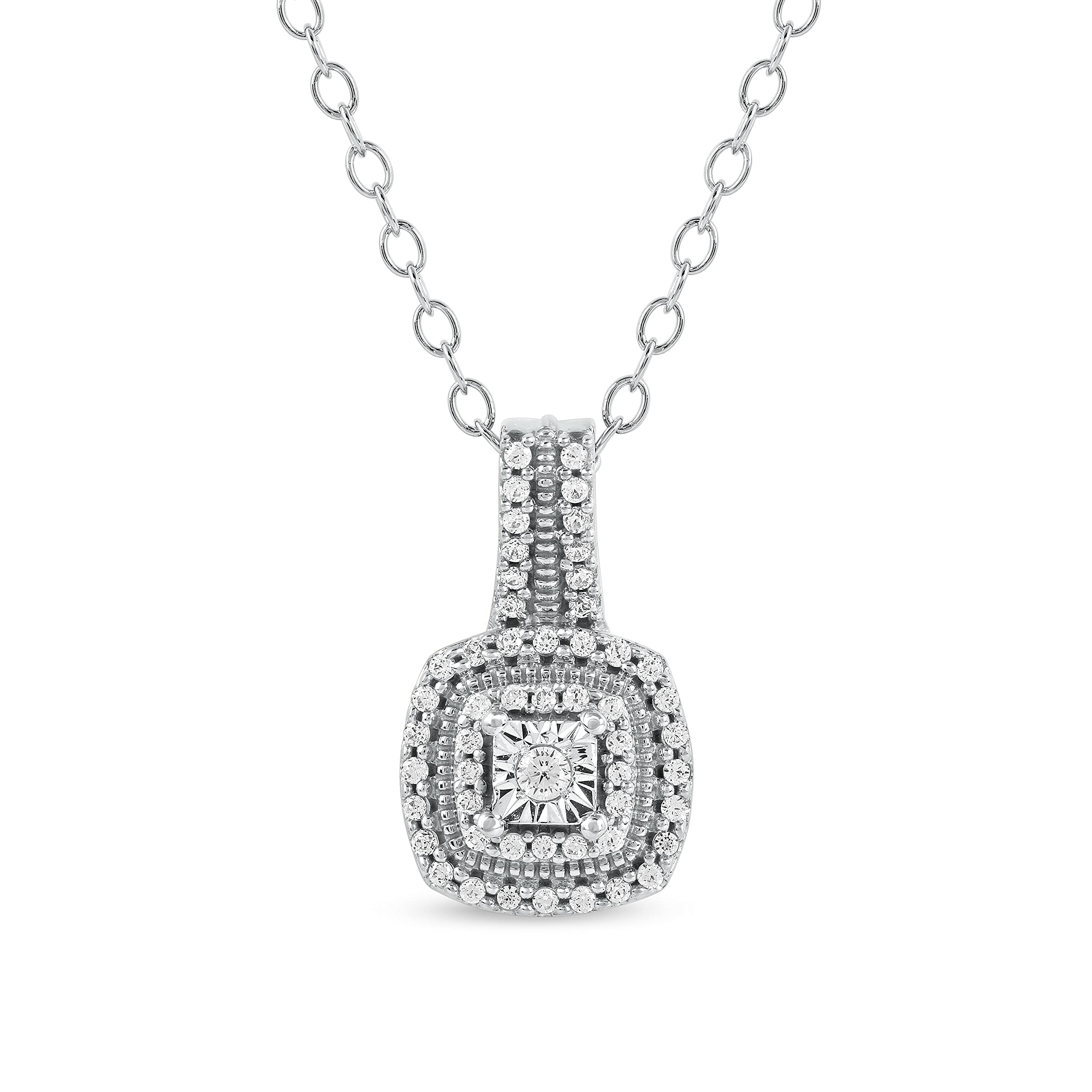 DZON Sterling Silver 1/6ct TDW Round-Cut Diamond Cushion Halo Composite Pendant Necklace Love Jewelry for Women Girl (I-J, I2)