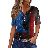 4Th of July Tops for Women Button V Neck Short Sleeve USA Flag Printed Shirts 2024 Independence Day Casual Top