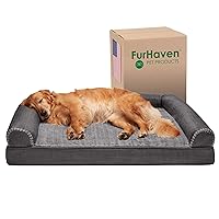 Furhaven Orthopedic Dog Bed for Large Dogs w/ Removable Bolsters & Washable Cover, For Dogs Up to 95 lbs - Luxe Faux Fur & Performance Linen Sofa - Charcoal, Jumbo/XL