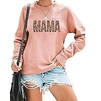 EGELEXY Mama Sweatshirt Women Leopard Print Embroidery Mom Life Pullover Top Casual Long Sleeve Blouse Tee