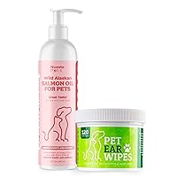 Pets Wild Alaskan Salmon Oil Blend & Pet Ear Wipes for Dogs w/Itch Relief Care Package | Perfect for Puppies