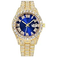 Mens Ice Out Watches Big Rocks with Roman Numerals Fully Colorful Dial Gold Watch