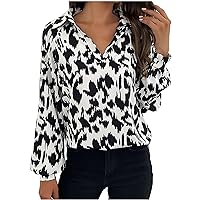 Women's 2023 Casual Leopard Fashion Tops Lantern Long Sleeve Lapel Blouses Abstract Print Summer Loose Shirts