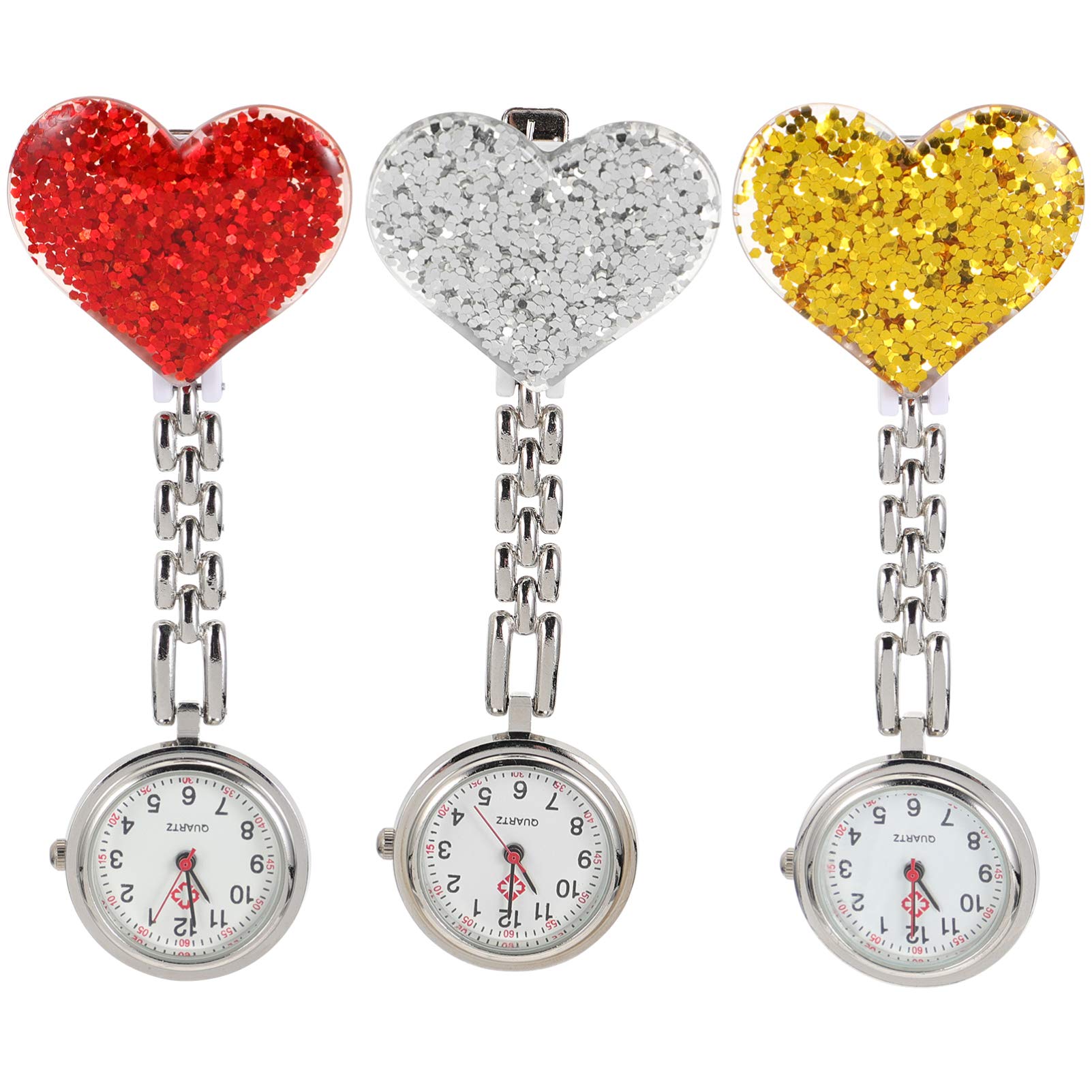 Hemobllo Nurse Watch, 3 Pcs Clip on Watch Nurse Fob Watch Quartz Movement Nursing Watch Glittering Heart Shaped Badge Pocket Watch Lapel Watch for Nurses Doctors