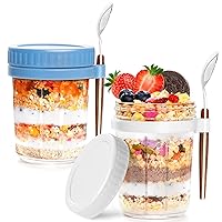 Overnight Oats Containers with Lids and Spoon, Wide Mouth Mason Jars 16 Oz Overnight Oats Jars with Measure Mark, 2 Pack Oatmeal Container Glass Mason Jars for Overnight Oats Salad Yogurt (White/Blue)