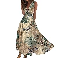 Dresses for Women 2024 Floral Summer Vacation Long Maxi Summer Sleeveless V Neck Boho Waist Retro Printed Dress