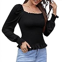 KTILG Square Neck Tops for Women Off The Shoulder Summer Crop Blouses Ladies Puff Short Sleeve Cute Casual Smocked Shirts