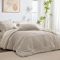 CozyLux King Seersucker Comforter Set with Sheets Beige Bed in a Bag 7-Pieces All Season Bedding Sets with Comforter, Pillow Sham, Flat Sheet, Fitted Sheet, Pillowcase