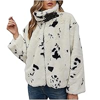 jsaierl Women Fuzzy Jackets Fashion Dalmatian Printed Sherpa Fleece Outerwear Casual Long Sleeve Full Zip Coats