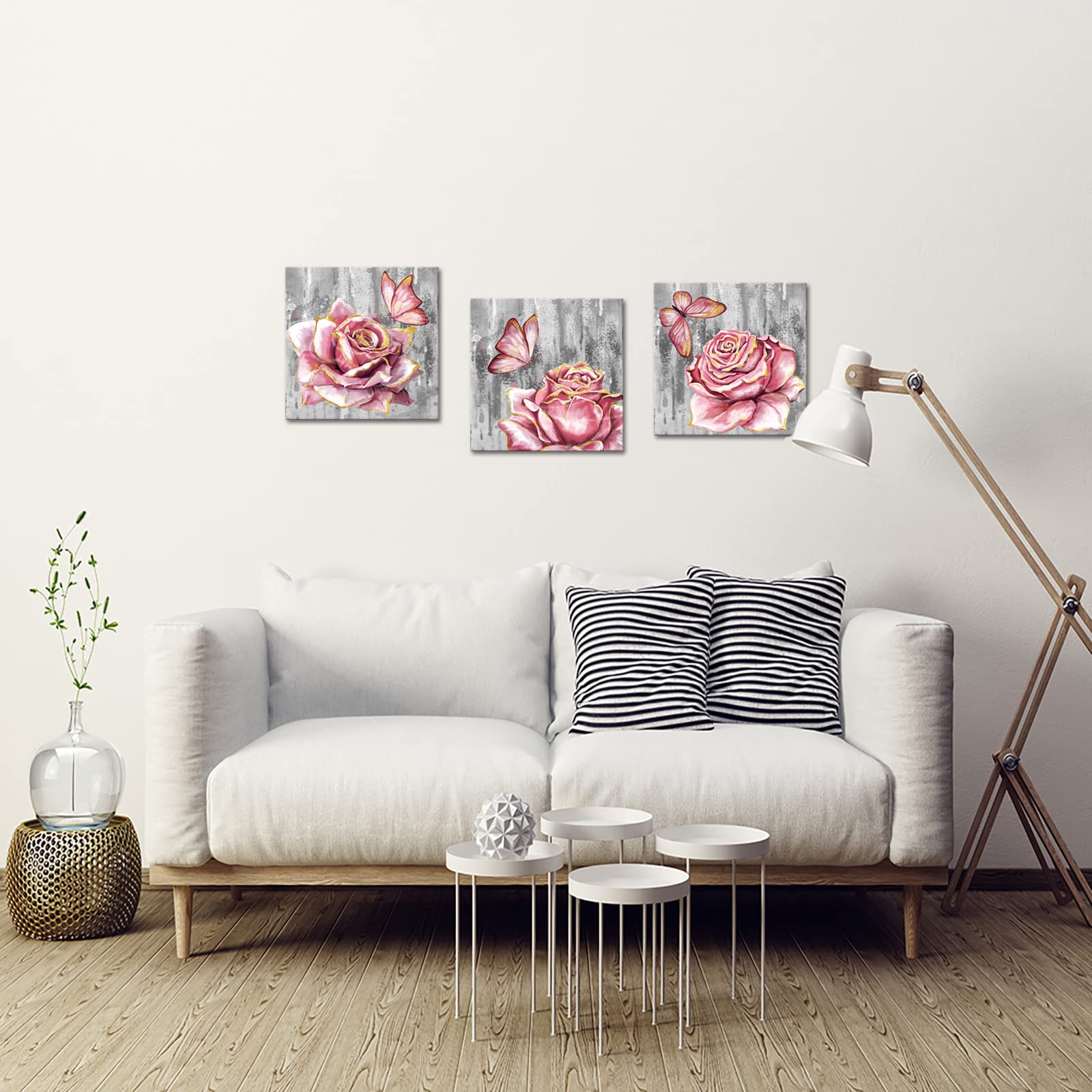 sechars 3 Panel Pink Rose Flower Wall Art Paintings Floral with Butterfly Prints on Grey Canvas Picture Wall Decoration Framed Trendy Gold and Pink Bathroom Bedroom Decor Artwork 12