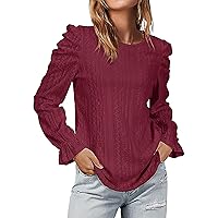 XJYIOEWT Womens Long Sleeve Shirts V Neck Pack Puff Sleeve Tops for Women Crewneck Eyelet Tunic Shirts Fall Clothes WOM