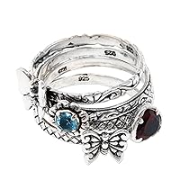 NOVICA Artisan Handmade Garnet Blue Topaz Stacking Rings with .925 Sterling Silver Burgundy Red Indonesia Animal Themed Heart Floral Birthstone Butterfly 'Heart of a Garden' (set of 4)