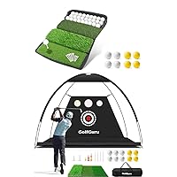 Foldable 4-in-1 Golf Hitting Mats Practice with Ball Tray + 10x7ft Golf Practice Net with Tri-Turf Golf Mat
