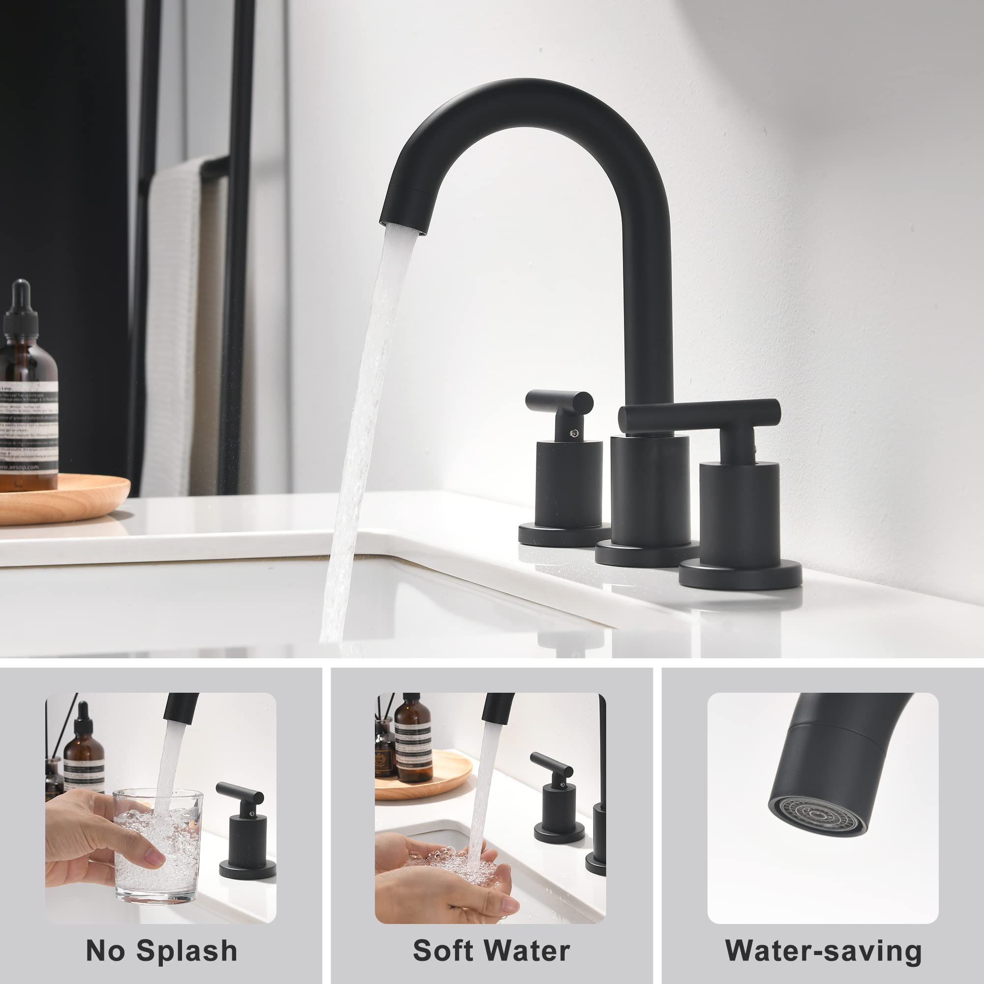 FROPO Two Handle Widespread Bathroom Sink Faucet - 3 Hole Vanity Faucet with Pop-Up Drain & cUPC Faucet Supply Lines, 8 Inch Black Bathroom Sink Faucet
