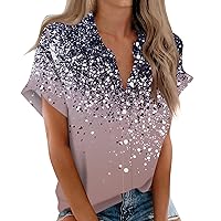 Summer Park Short Sleeve Shirt for Women Hip Plus Size Polyester Print Tunic Women Fitted V Neck Button Super Beige L