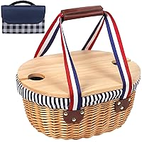 Wicker Picnic Basket, Picnic Basket for 2 with Wooden Split Lid Picnic Mat, Picnic Set for Picnic, Camping, Christmas Day, Thanks Giving, Birthday…