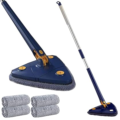 Rotatable Adjustable Cleaning Mop, 360° Triangle Microfiber Mop with Long Handle, 4 Reusable Washable Mop Pads, Wringer, Wet Dry Shower Scrubber Brush for Hardwood Windows Floor Wall Tile Dust (Blue)