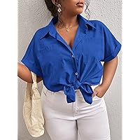 Plus Size Womens Tops Plus Batwing Sleeve Pocket Patched Shirt (Color : Royal Blue, Size : X-Large)