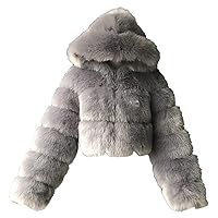 RMXEi Women Short Faux Hooded Warm Furry Splicing Jacket Long Sleeve Outerwear