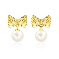 White Pearl Drop Dangle Earrings Sweet Cute 18K Gold Bow Stud Earrings Bohemian Bowknot Ear Jewelry for Women
