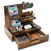 Gifts for Men Dad Husband Fathers Day from Daughter Son Wife, Wood Phone Docking Station with Drawer Nightstand Organizer, Anniversary Graduation Birthday Gifts for Him, Christmas for Papa