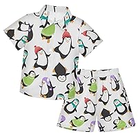 Christmas Penguins Boys Hawaiian Shirts Summer Shorts Sets Hawaiian Toddler Boys T-Shirt & Pants 2 Pcs,3T