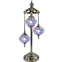 SILVERFEVER Moroccan Lamps Mosaic Turkish Lamp -Three Tier Lanterns Colorful Handmade Glass Floor or Table with E 12 Bulbs (Purple Blue Shades)