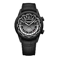 RAYMOND WEIL Freelancer GMT Worldtimer Men's Watch, 24 Cities and Time Zones, Black Gradient Dial, Indexes, Stainless Steel Case, Black Leather Strap, 41mm (Model: 2765-BKC-20001)