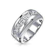 Personalize Unisex Clear Simulated Blue Sapphire Channel Set Cubic Zirconia AAA CZ Princess Invisible Cut Wedding Band For Men Women .925 Sterling Silver 9MM Band Ring