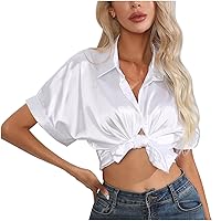 Womens Cuffed Short Sleeve Lapel Satin Casual Shirts Summer Button Down V Neck Loose Fit Trendy Plain Blouses