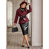 Women's Jackets Plaid Dual Pocket Drop Shoulder Belted Tweed Overcoat Women Jackets (Color : Burgundy, Size : Small)