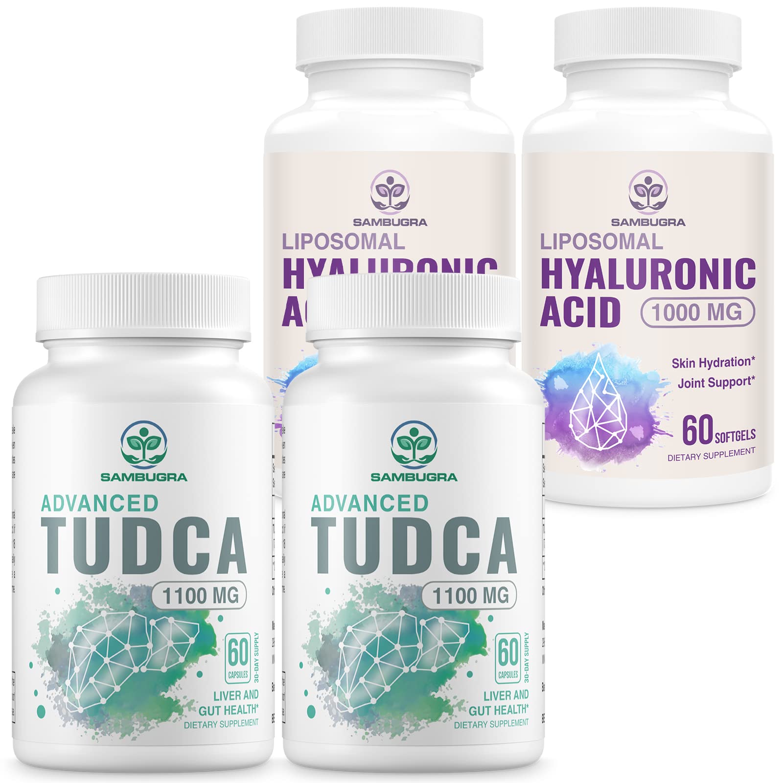 Sambugra Liposomal Hyaluronic Acid Supplements 1000mg and TUDCA Liver Support 1100mg (Pack of 4)