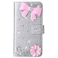 XYX Wallet Case for Samsung Galaxy S20 Plus/S20 Plus 5G, Glitter Pink Bow Diamond Flip Card Slot Luxury Girl Women Phone Cover, Silver