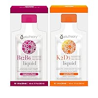 Youtheory Vitamin B12 B6 Liquid Raspberry 12oz K2 and D3 Liquid Peach 12oz Value Bundle