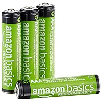 Amazon Basics 4-Pack Rechargeable AAA NiMH Performance Batteries, 800 mAh, Recharge up to 1000x Times, Pre-Charged