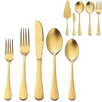 LIANYU 25 Piece Matte Gold Silverware Set with Serving Utensils, Stainless Steel Flatware Cutlery Set for 4, Kitchen Utensil Tableware Set for Home Restaurant Party, Satin Finish, Dishwasher Safe