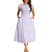Women's 2024 Summer Dress Casual Flutter Sleeve Smocked High Waist Tiered Midi Dress with Pockets